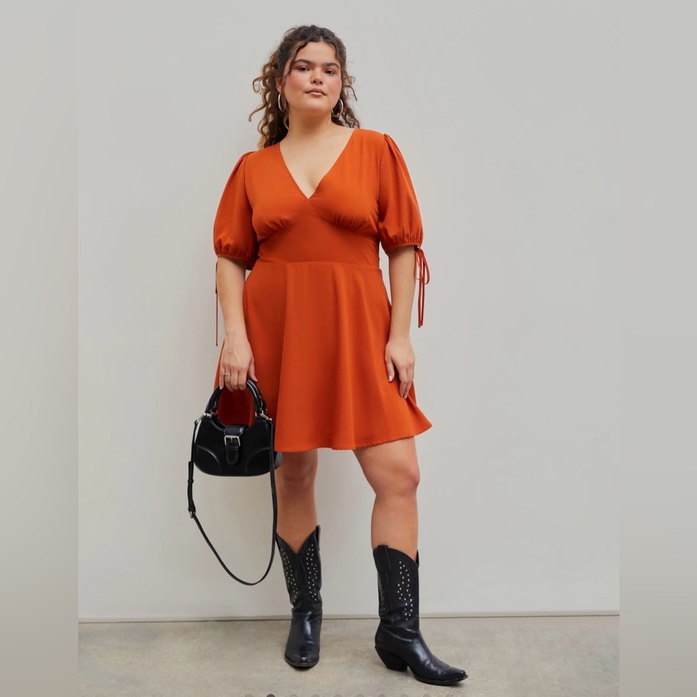 Cider Burnt Orange Tie Sleeve Mini Dress - Women’s 1X